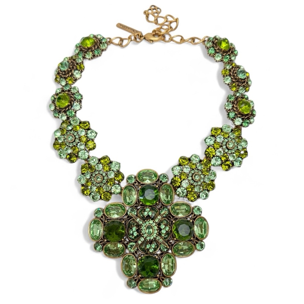 Oscar de la Renta Green Swarovski Crystal Maltese Cross Floral Collar Necklace